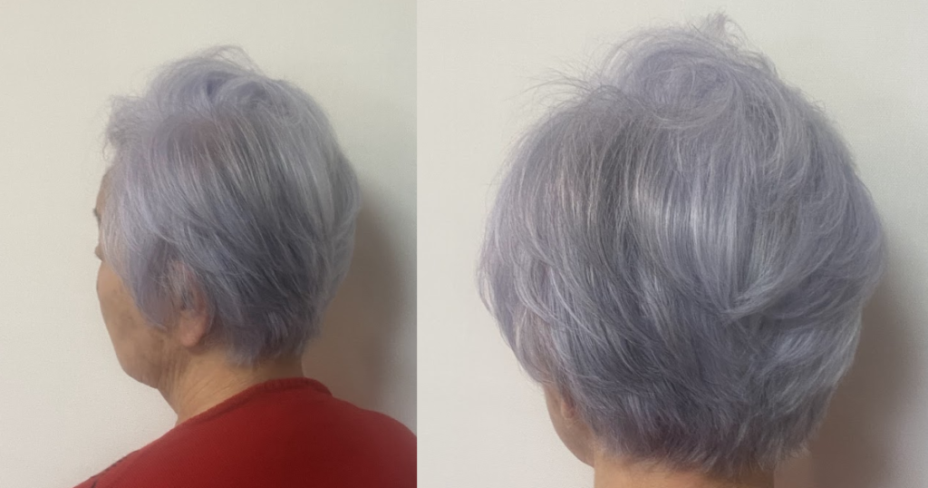 ラベンダー色のマニュキアで
ツヤ感とハリを出した髪になりました。